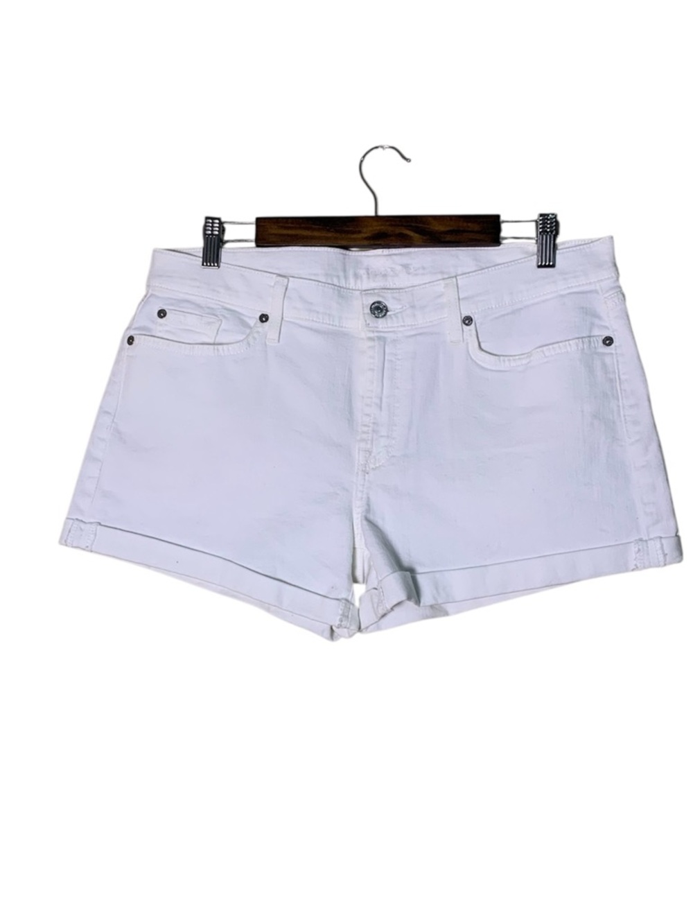 New 7 For All Mankind Women's White Cuffed Denim Shorts Stretch Summer Size 32